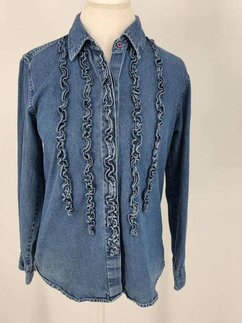 Passport Vintage Womens S Blue Denim Ruffle Button Shirt Western Boho Y2K